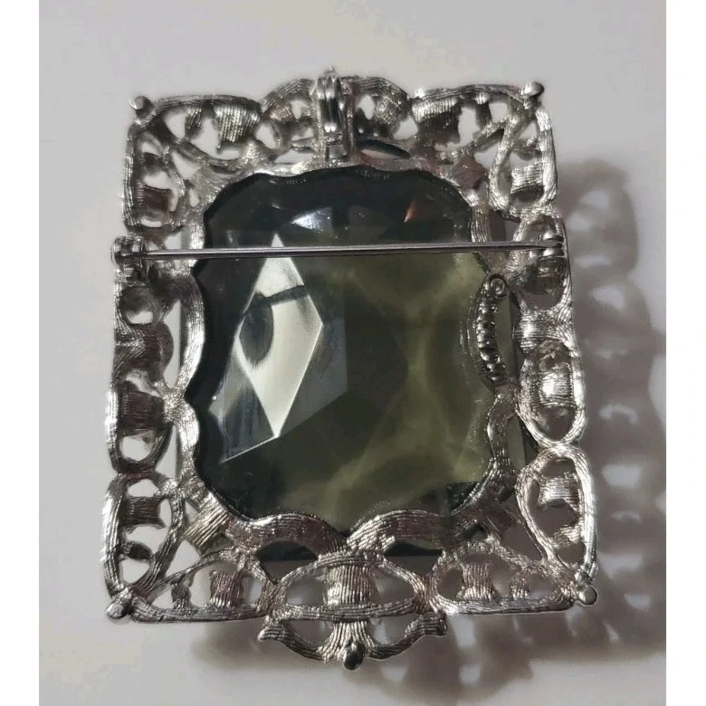 Vintage SARAH COV Brooch Pendant Necklace Gray Topaz Faceted Stone Silver Tone